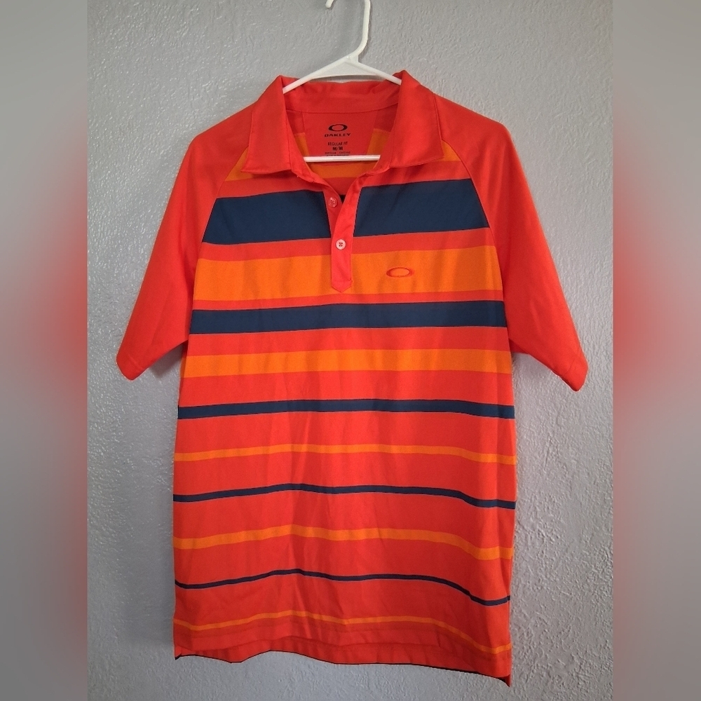 Oakley Short Sleeve Striped Golf Shirt 1/4 Button Orange Navy M
